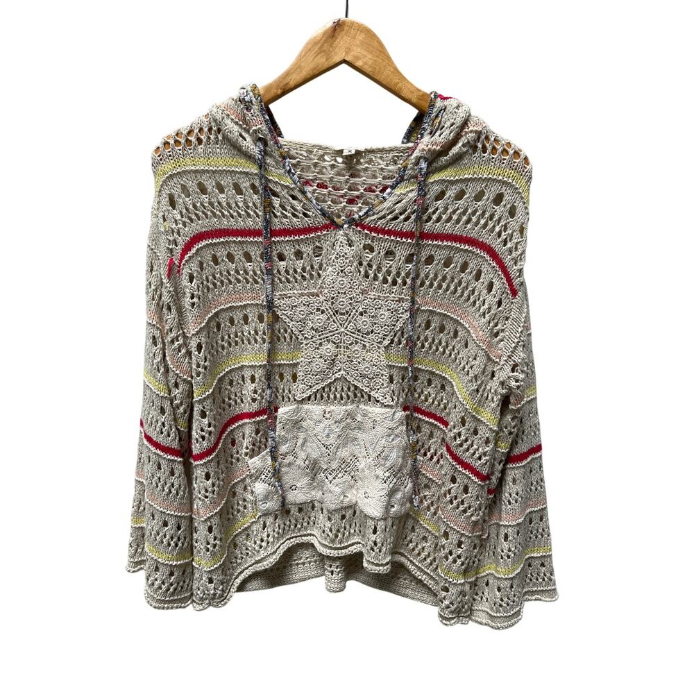 POL Open Knit Thin Hooded Sweater with Star Patch Front in Natural Multi Size S